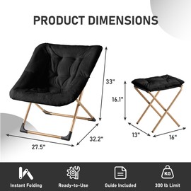 Youtanic Comfy Oversized Saucer Chair with Ottoman,Soft Faux Fur Reading Lounge Chair for Adults,Stable X-Large Metal Frame and Non-Slip Pad,Cozy Chair for Bedroom, Living Room, Dorm, Office, Black