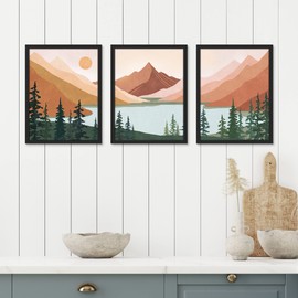 SIGNWIN Framed Set Geometric Mountain Forest Lake Wall Art, Set of 3 Abstract Nature Illustrations Wall Decor Prints, Nordic Wall Décor for Living Room, Bedroom - 12"x16" Black