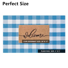 Fallovea Spring Welcome Door Mats Combo Set, 100% Coco Coir Doormat + 3'x 5' Blue and White Plaid Rug, Front Porch Entryway Decor Indoor Outdoor Floor Mats
