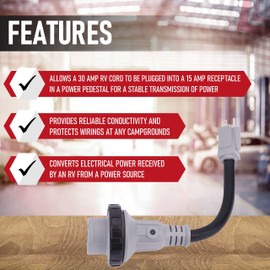 AA Ignition 15 Amp to 30 Amp RV Adapter 12 Inch - 5-15P Male to L5-30R Female - 125V/3750W Dogbone Electrical Converter Plug w/Twist Lock, LED Indicator - RV, Travel Trailers, Camper Vans, Caravan