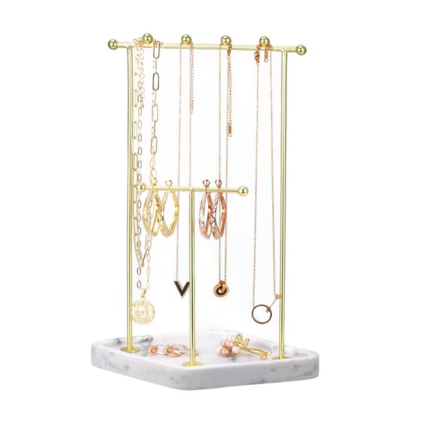 Emibele Jewelry Organizer Stand, 2 Tier Jewelry Holder Stand with Rhombic Resin Tray Golden Metal Rack, Necklace Bracelets Rings Earrings Display Tower Jewelry Tree Stand, Marble White