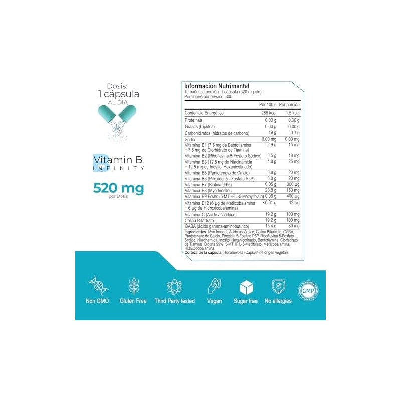 ETERNAL NUTRITION Infinity Complejo B Elevado 11 Tipos (300 Cápsulas)