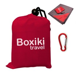 Compact Waterproof Pocket Beach Blanket. Portable Lightweight Folding Tarp with Red Travel Case. Outdoor Picnic Camping Blanket with Easy Attachment Clip