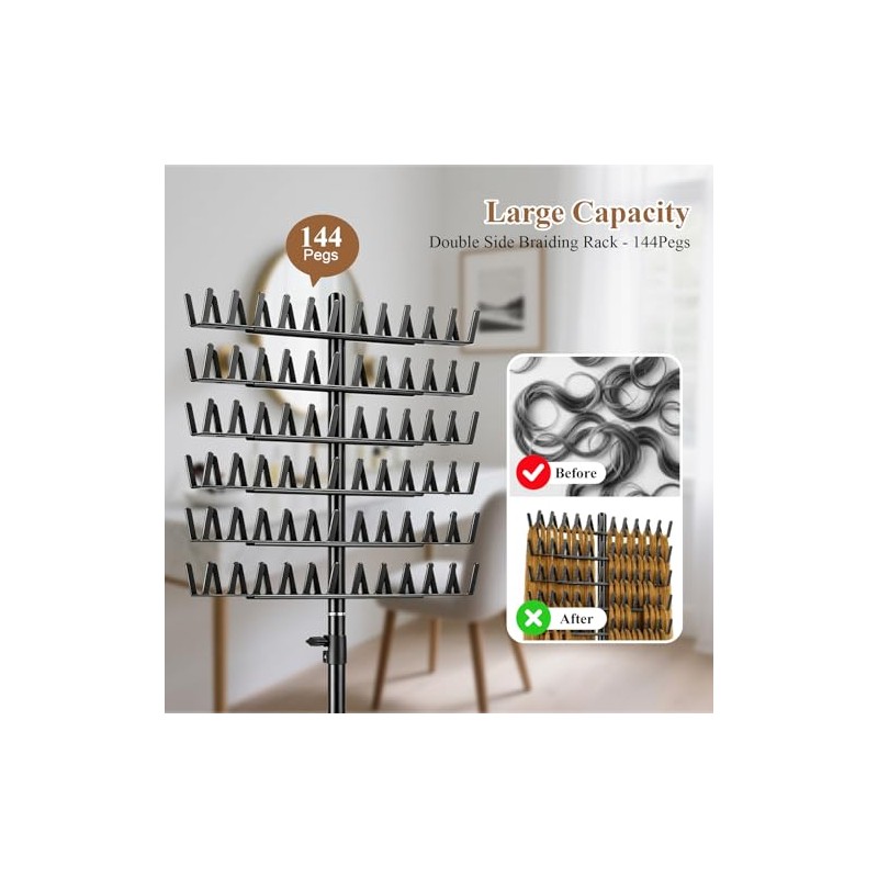 Braiding Hair Rack Standing Extension Holder Hanger, 144 Pegs Divider