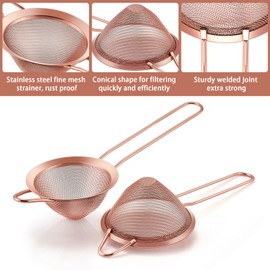 LIANYU Fine Mesh Strainer Set of 2, Stainless Steel Tea Sieve Strainer with Long Handle, 3.3 Inches Metal Conical Strainer for Straining Cocktail Coffee and Sifting Flour, Rust Proof, Copper