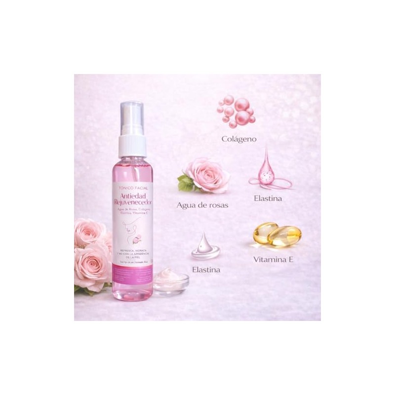 Tónico facial de agua de rosas con colágeno y vitamina
