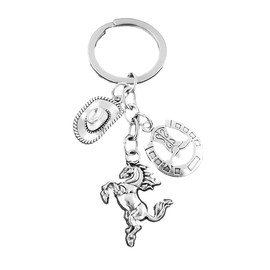 Western Rodeo Rearing Horse Hat Boots Silver Keyring Keychain