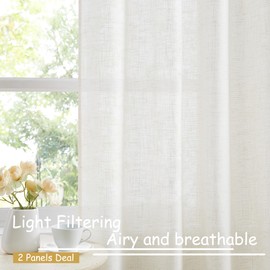 Treatmentex Flax Linen White Semi Sheer Curtains for Living Room 52 x 84 Long Light Filtering Pricacy Window Drapery for Bedroom 2 Panels Grommet Top