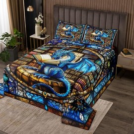 Western Dragon Kids Bedspread King Size,Blue Dragon Reading Book Bookshelf Coverlet Set,Boys Girls Room Decor,Geometric Patchwork Abstract Quilted Coverlet,Trippy Chic Bedding Quilt,2 Pillowcases