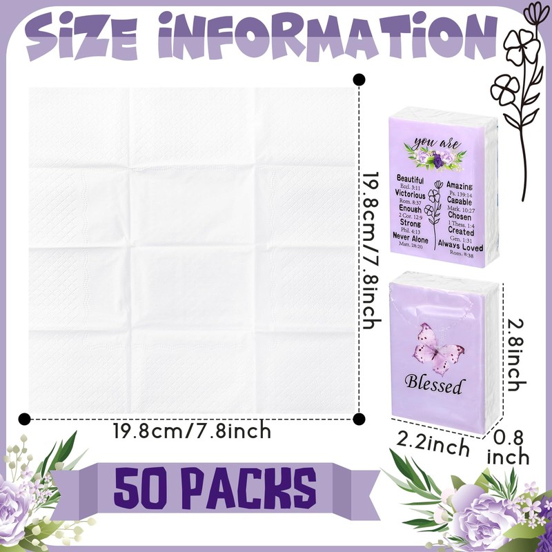 Harloon 50 Pack Christian Facial Pocket Tissues Purple Butterfly Travel