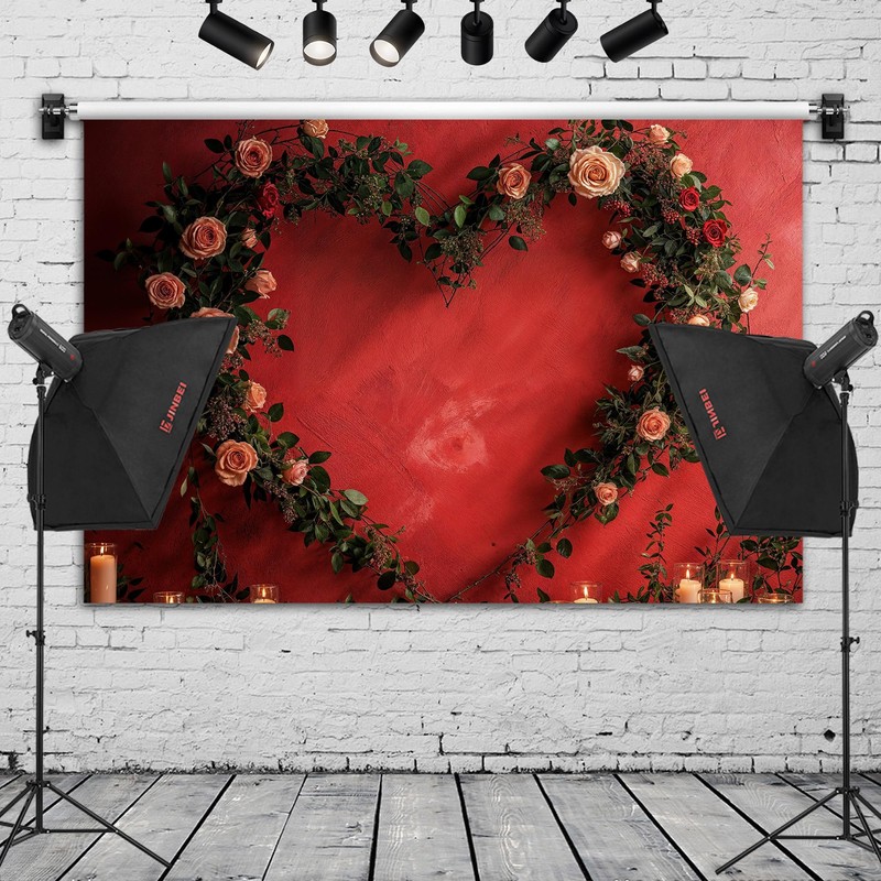 Romantic Rose Floral Heart Wreath Backdrop for Photography, Wedding Bridal