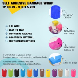 8 Pack Self Adhesive Bandage Wrap, 3 in x 5 Yards Non-Woven Self Adherent Cohesive Bandage, Vet Wrap Wound Tape for Thumb Finger Wrist Knee Ankle, Pink