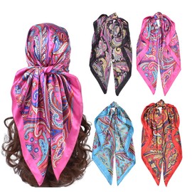 upeilxd 4Pcs Silk Head Scarves for Women Satin Hair Scarf 35”Large Square Bandana Silk Like Neck Scarf Shawl (Blue/Purple/Red/Black)