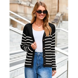 Glamaker Womens Striped Cardigan Sweaters - Long Sleeve Button Open Front Knit Cardigans Lightweight Fall Sweater Trendy 2025,Black S