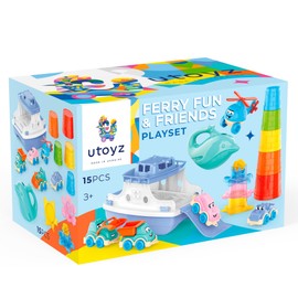 Ferry Boat Bath Toys Set for Kids 15 Pcs | Includes Ferry, Cars, Trucks, Helicopter, Stacking Cups & Toy Animals for Baby Boys & Girls | Water Bathtub Indoor Games for Toddlers | Kids Ages 1+