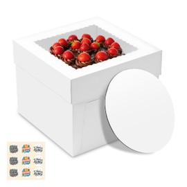 RYDDOY 15 Pack Cake Boxes, 10x10x8 Inches Tall Cakes Box with Window, White Cake Boxes with Cakes Boards, Square Bakery Box, for Cake, Treat Cookie Dessert, Pastry, Birthday Party, Mother's Day, Weddings