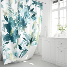 MAYZUS Teal Blue Shower Curtain 60x72, Watercolor Floral Shower Curtain for Bathroom, Modern Abstract Flower Decorative Fabric Shower Curtain Set with Hooks