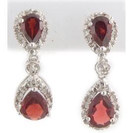GM Sterling Silver Women's Genuine Garnet Tear Drop Diamond Earrings