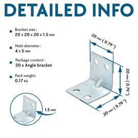 VHG Corner Brackets Wood Connectors - Pack of 20 (20 x 20 x 20 x 1.5) Heavy Duty Reinforced Braces, L Shaped Angle Connector with Beading, Timber Joining Fixing Connector, Galvanised Steel Metal Sheet