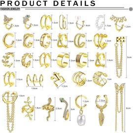 Kakonia 32Pcs Ear Cuff Earrings Set Clip On Wrap Earrings Non Piercing Cartilage Dangle Chain Earring Cuffs for Women Adjustable Snake Butterfly Ear Clip Fake Helix Wrap Ear Clip Earrings