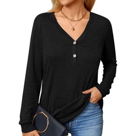 BISHUIGE Womens Button Up Tshirts Long Sleeve Henley Tunic Tops V Neck Casual Sweatshirt M, Black