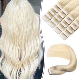 Sindra Tape Extensions, Real Hair, Platinum Blonde, 20 Pieces, 50 g, 50 cm, Invisible Tape-In Extensions, Real Hair, Blonde Remy Real Hair Extensions, Silky Straight, Tape Ins #60, 20 Inches