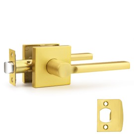 Probrico Square Gold Passage Door Handle Heavy Duty Brass Keyless Door Lever Lock for Hallway Closet Interior Door Knobs Lockset Slim Handed Levers, 1 Pack