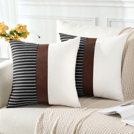JOTOM Striped Patchwork Faux Leather Cushion Covers 45x45 cm Farmhouse Decorative Throw Pillow Covers Cushion Pillowcase for Couch Sofa Living Room Bed Home Decor 18x18 Inch Set of 2 (White Black)