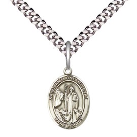 Small Sized Men's Pewter Saint Anthony of Egypt Medal Pendant on 24 Inch Endless Rhodium Plated Heavy Curb Brass Chain, Catholic Religious Necklace -Made in USA- Deluxe Velvet Gift Box