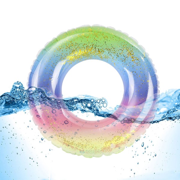 Viilich Inflatable Swimming Hoop, Rainbow Sequins Swimming Ring, Durable Inflatable