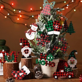Christmas Wooden Decor Christmas Wooden Snowflake Gnome Snowman Hanging Signs Ornaments Christmas Tree Decoration Signs Wood with Rope for Xmas Party (Plaid Style, 48 Pieces)
