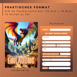 HIDEBLOOM I Dragon Invitation Cards Birthday Boys I Pack of 12 I DIN A6 (10.5 cm x 14.8 cm) I Knight Birthday I Children's Party I Medieval Invitation Cards I Teens I Knight Party