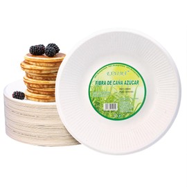EXNIMA - Disposable Biodegradable Plates - Disposable Sugar Cane Paper Crockery - Round Flat Plates 20 cm - 50 Units
