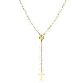 Bling Jewelry Dainty Delicate White Simulated Pearl Virgin Mary Medallion Rosary Beads Cross Necklace for Women Teen Gold Plated