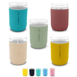 minliving Silicone Mason Jar Sleeves | Anti-Slip Protectors for 8 oz Regular Mouth Ball & Kerr Jelly Canning Jars | Kids Cup Holders with Measurement Markings | Dishwasher Safe Jar Jackets - 5 Pack