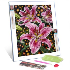 Lilly Flower Diamond Painting DIY 5D, Numbering Kit, Tropical Green Leaves Artwork/Pictures Red Lilium Floral Wall Art Crystal Rhinestone Embroidery Painting Home Decor Adults Gift(12''Wx 16''H)