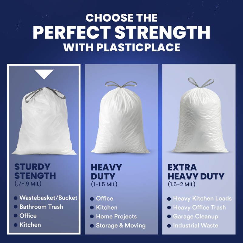 Plasticplace 5 Gallon Trash Bags - White Drawstring Garbage Bag