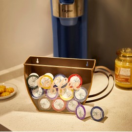 CoffeeI.V.™ Coffee Cup Shaped Pod Holder - Wall Mount or Counter Top, Anti Slip - Durable, Functional, Space Saving - Doubles as Decor For Your Kitchen, Coffee Bar - Glass Front (Golden Coffee Brown)