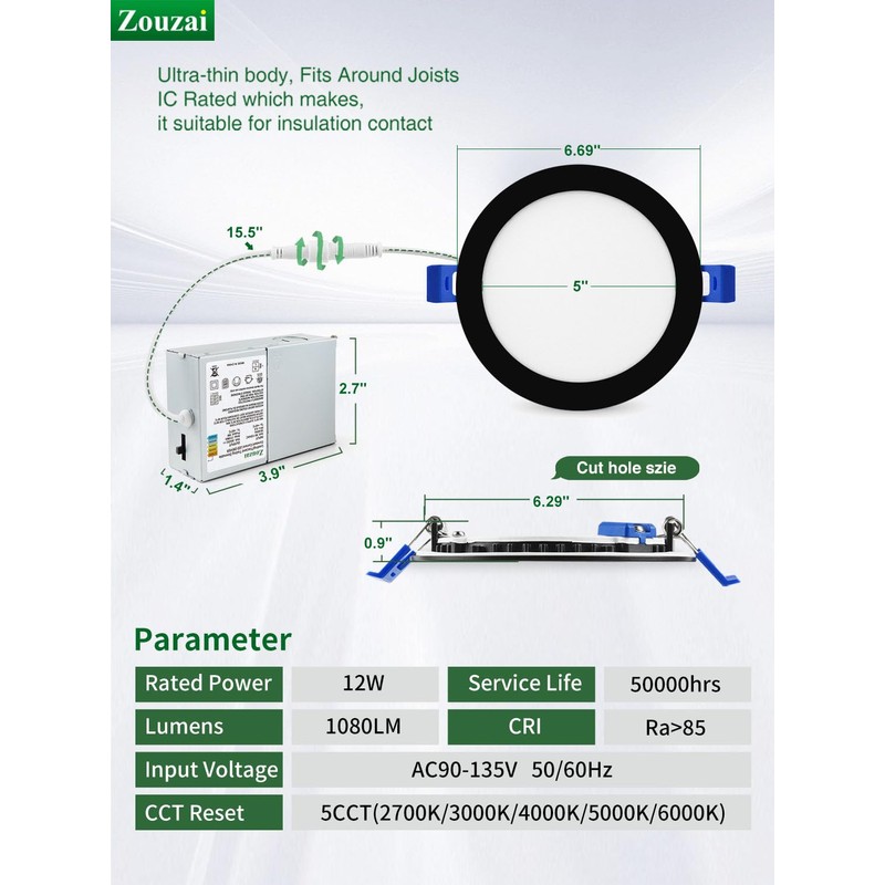 zouzai 12 Pack 6 Inch Black 5CCT Reset LED Recessed