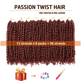 Passion Twist Hair 14 Inch Pre-twisted Passion Twist Crochet Hair for Women Kids Pre-looped Crochet Braids Bohemian Auburn Short Curly Crochet Hair Extensions 8 packs 350#