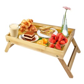 Bed Tray Table with Folding Legs, Breakfast in Bed Tray with Handles for Eating, Bed, Sofa, Working, Snack Tray, TV Table, Laptop Desk Bamboo Tray Table, Sturdy and Lightweight