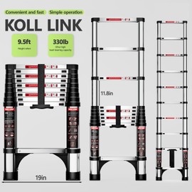 KOLL LINK Telescoping Ladder,9.5 FT Aluminum Lightweight Extension Ladder with 2 Triangle Stabilizers, Heavy Duty 330lbs Max Capacity