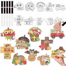JAPBOR Fall Coloring Arts Crafts Kits - 30PCS Color Your Own Autumn Magnets for Kid, Religious Bible DIY Colour Fridge Magnetic, Christian Draw Magnet Sticker for Sunday School Activities Party Favor