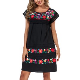 YZXDORWJ Women's Mexican Dress Peasant Embroidered Floral Linen Dresses Summer Mini Lace Short Sleeve Bohemian Dress (L, 523BK)