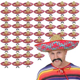 Mexican Sombrero and Tash Costume Set - Pack of 1 - Red Sombrero Straw Hat and Black Mexican Moustache - Mexico Party Fancy Dress Costume Accessory Set