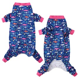PriPre Dinosaur Printed Dog Recovery Suit - Soft Pajamas Onesie Jumpsuit Prevent Licking & Shedding for Large Dogs (Navy, XL)