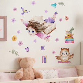 Girl Wall Stickers, Flying Girl Home Decor Wall Decals with Birds Butterfly, Wall Stickers for Girls Bedrooms Living Room Study Room Classroom Wall Decor