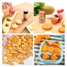 Pwsap 31Pcs Vegetable Cookie Cutters with Comfort Grip, Stainless Steel Fruit Shape Cutters, Cartoon Animal Food Cutter Stamps, Vegetable Cutter Shapes Set with 10 Cartoon Toothpicks and 1Pcs Brush