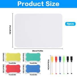 4 Pcs Small Whiteboard, 8.2x11.8 Inch A4 Mini Whiteboards, Mini Whiteboard and Pens and Erasers, Portable Small Double-Sided Dry Erase White Board with 6 Pens and 4 Erasers for Classroom Home Office