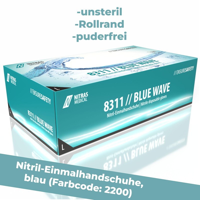 Nitras 8311 Blue Wave Non-Sterile, Medical, Food-Safe Nitrile Disposable Gloves,